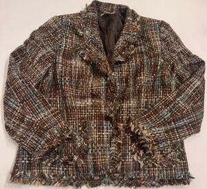Vtg Carlucci Tweed Blazer Brown/Blue Woven Plaid Size 14 Women's